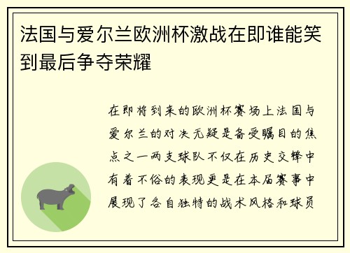 法国与爱尔兰欧洲杯激战在即谁能笑到最后争夺荣耀