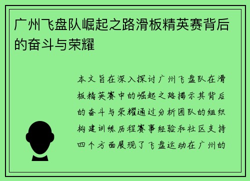 广州飞盘队崛起之路滑板精英赛背后的奋斗与荣耀