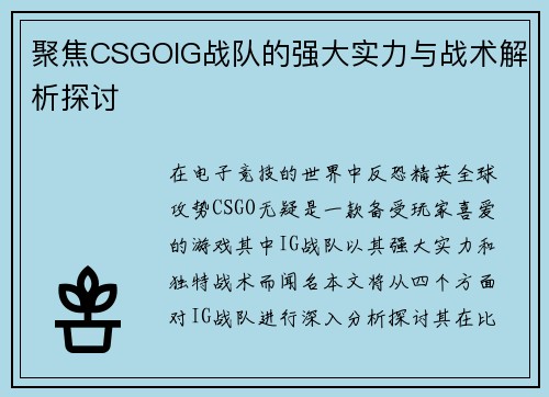 聚焦CSGOIG战队的强大实力与战术解析探讨