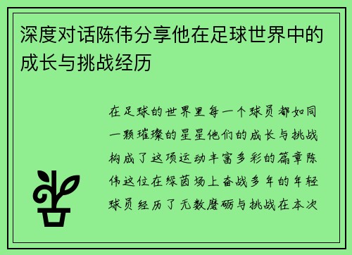 深度对话陈伟分享他在足球世界中的成长与挑战经历