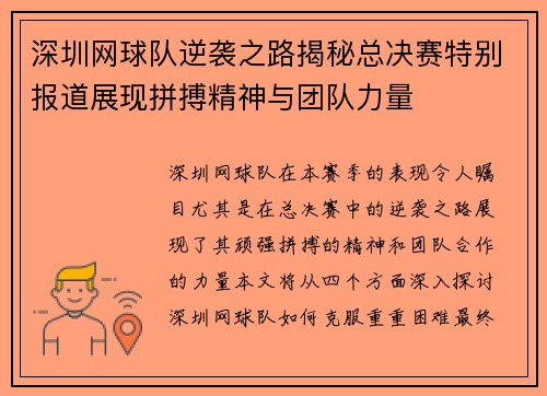 深圳网球队逆袭之路揭秘总决赛特别报道展现拼搏精神与团队力量