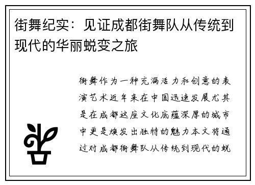 街舞纪实：见证成都街舞队从传统到现代的华丽蜕变之旅