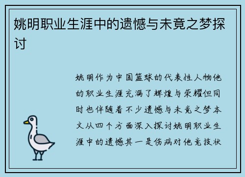 姚明职业生涯中的遗憾与未竟之梦探讨