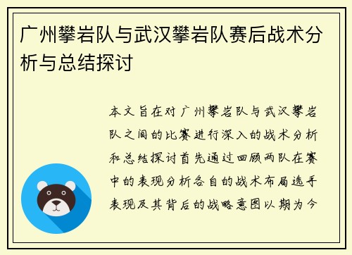广州攀岩队与武汉攀岩队赛后战术分析与总结探讨