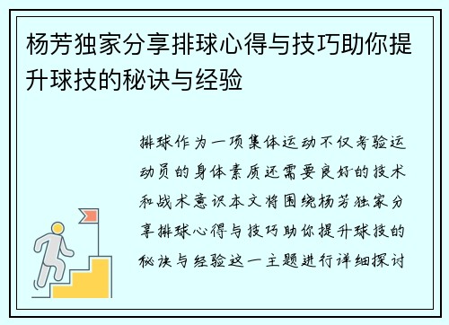 杨芳独家分享排球心得与技巧助你提升球技的秘诀与经验