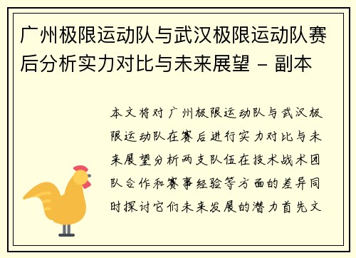 广州极限运动队与武汉极限运动队赛后分析实力对比与未来展望 - 副本