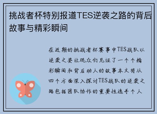 挑战者杯特别报道TES逆袭之路的背后故事与精彩瞬间